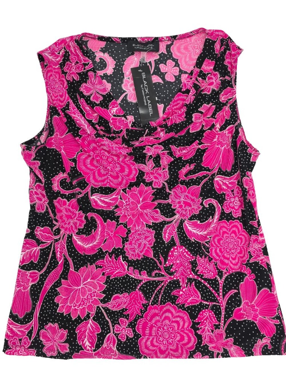 Evan Picone Black Label Blouse Top Womens XL Black Pink Cowl Sleeveless Floral